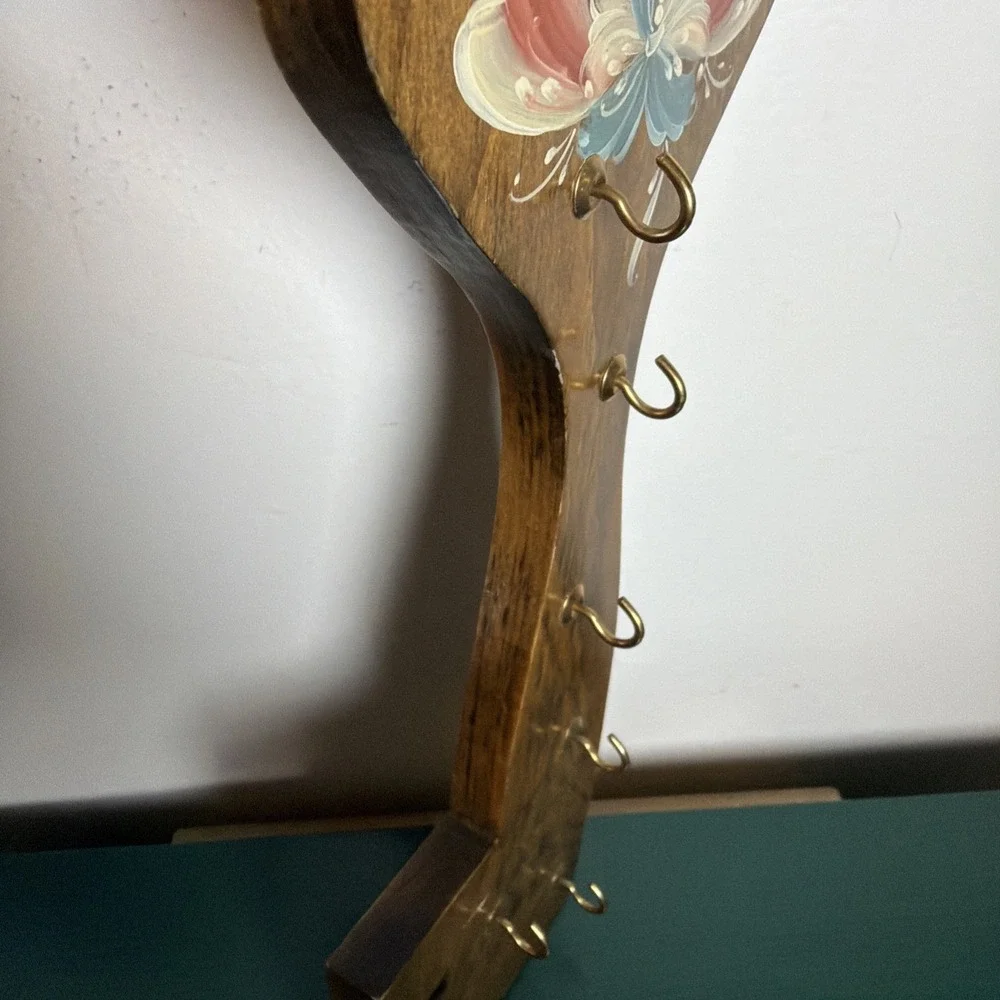 Handmade Vintage Norwegian Wooden Hand Painted Floral Key Hook Signed USA